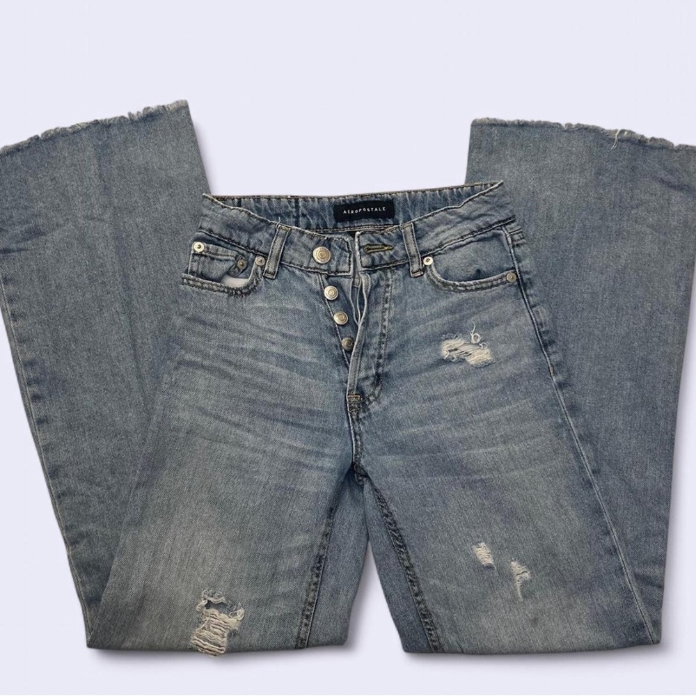 Blue Distressed Button-Fly Jeans